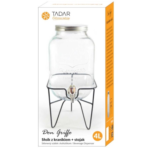 SŁÓJ SZKLANY 4l DO NAPOJÓW Z KRANIKIEM I STOJAKIEM GRIFFO