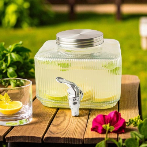 SŁÓJ SZKLANY 3l DO NAPOJÓW Z KRANIKIEM PŁASKI DO LODÓWKI