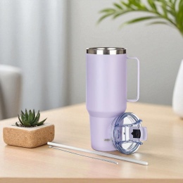 STALOWY KUBEK TERMICZNY TERMOS 1200ml Z RĄCZKĄ I SŁOMKĄ BANQUET TWAIN LILA