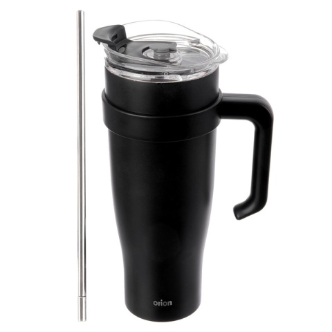STALOWY KUBEK TERMICZNY TERMOS 1200ml Z RĄCZKĄ I SŁOMKĄ ORION 112284 CZARNY