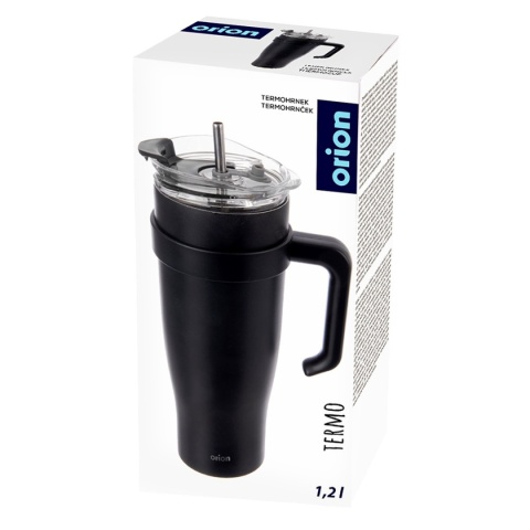 STALOWY KUBEK TERMICZNY TERMOS 1200ml Z RĄCZKĄ I SŁOMKĄ ORION 112284 CZARNY
