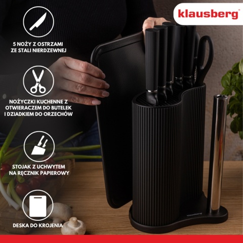 ZESTAW NOŻY W STOJAKU Z DESKĄ I CHWYTEM NA RĘCZNIK KLAUSBERG KB-7977