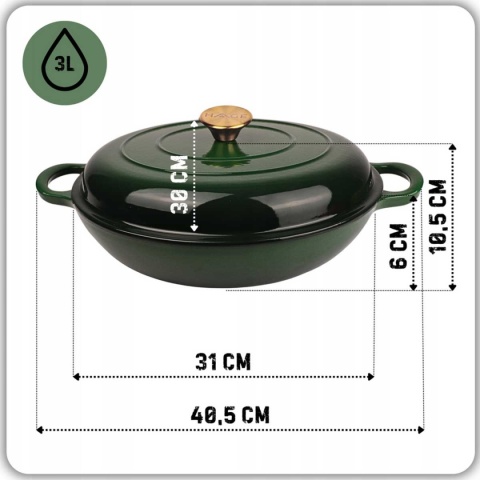 EMALIOWANY GARNEK ŻELIWNY PŁASKI 30cm 3L HAGE ZIELONY