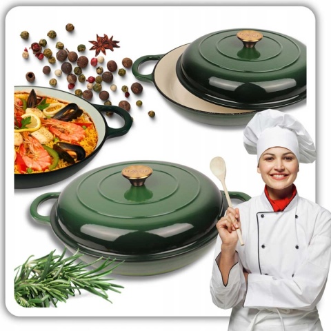 EMALIOWANY GARNEK ŻELIWNY PŁASKI 30cm 3L HAGE ZIELONY