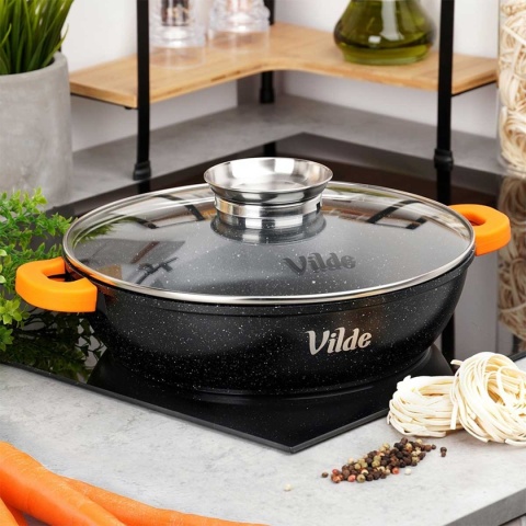 GARNEK GRANITOWY PŁASKI PATELNIA 3,3L 28cm Z POKRYWĄ Z AROMATYZEREM TERRUNA 199108