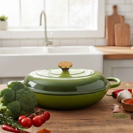 EMALIOWANY GARNEK ŻELIWNY PŁASKI 30cm 3L HAGE OLIWKOWY