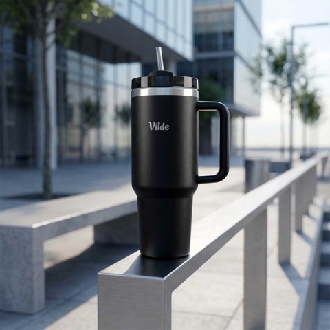 STALOWY KUBEK TERMICZNY TERMOS 1200ml Z RĄCZKĄ I SŁOMKĄ 259444