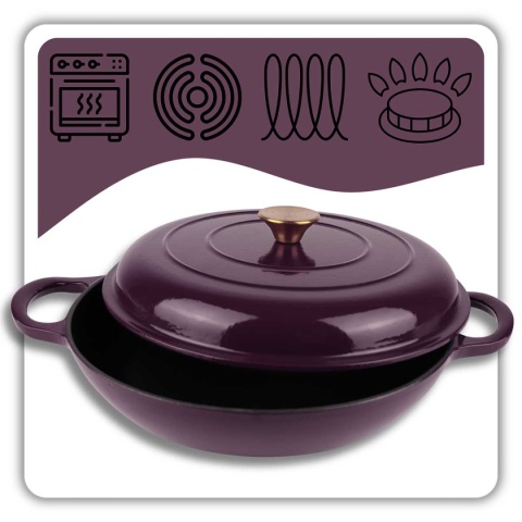 EMALIOWANY GARNEK ŻELIWNY PŁASKI 30cm 3L HAGE EGGPLANT