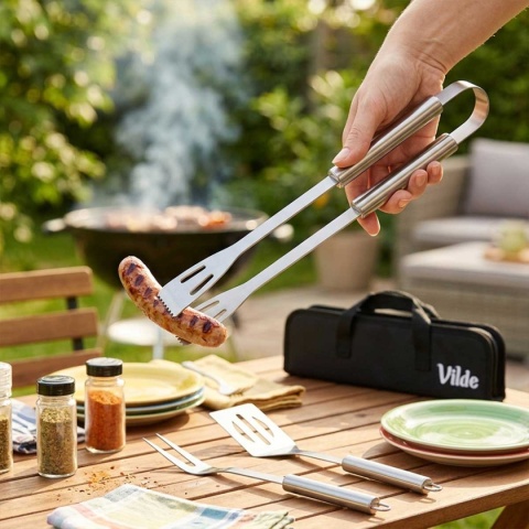 ZESTAW 3 STALOWYCH PRZYBORÓW DO GRILLA W ETUI 489424