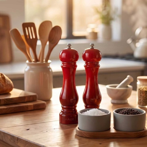 ZESTAW RĘCZNYCH MŁYNKÓW DO PIEPRZU I SOLI 22cm HAGE RED
