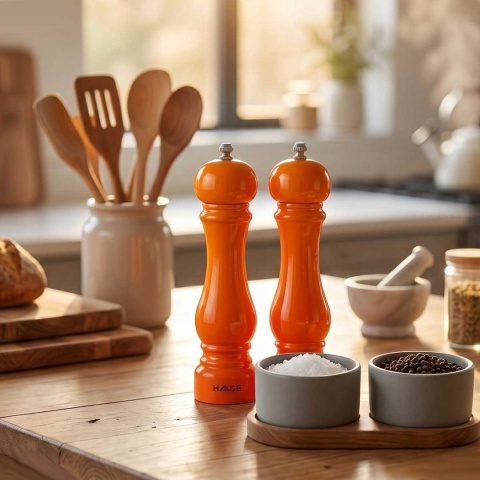 ZESTAW RĘCZNYCH MŁYNKÓW DO PIEPRZU I SOLI 22cm HAGE ORANGE