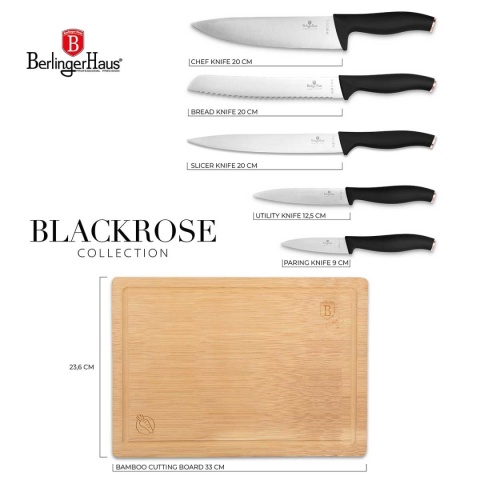 ZESTAW 5 NOŻY KUCHENNYCH Z DESKĄ BERLINGER HAUS BH-2963 BLACK ROSE